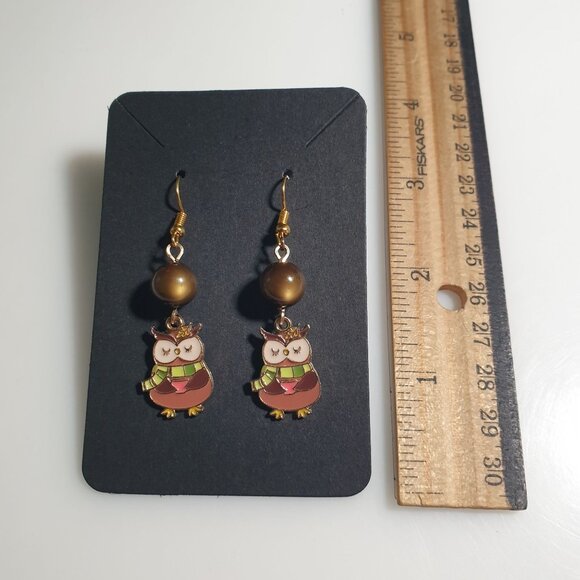 Owl Dangle Earrings Brown Enamel Gold Hook Boho Autumn Charm Beads Unique Animal - Picture 3 of 4